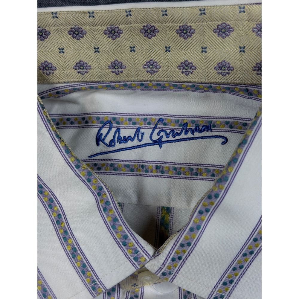Robert Graham Mens XL Cotton Silk Striped Button Down Shirt White Purple Yellow - Picture 5 of 12